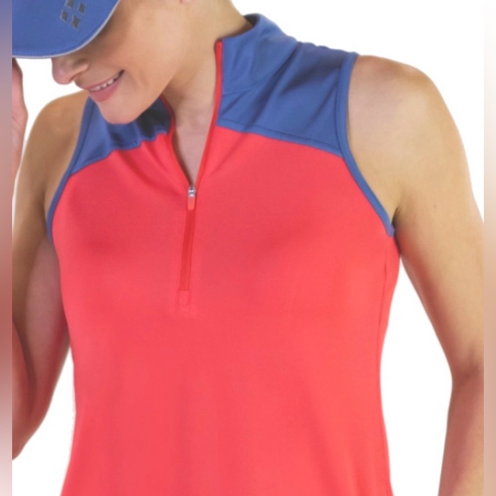 Vintage Jofit Coral and Blue Sleeveless Mock Neck Quarter Zip Tank Top